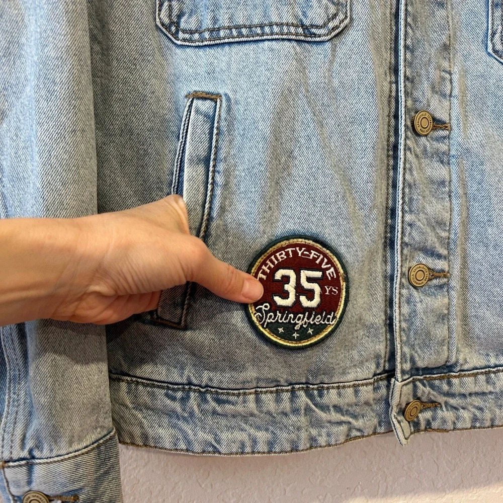 VTG Springfield Denim Jacket S Light Wash Corduroy Collar Patch Trucker Jacket
